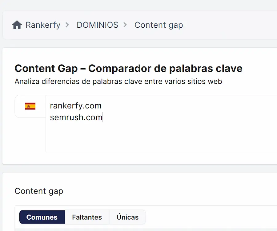 Comparación de dominios para detectar brechas de contenido en Rankerfy