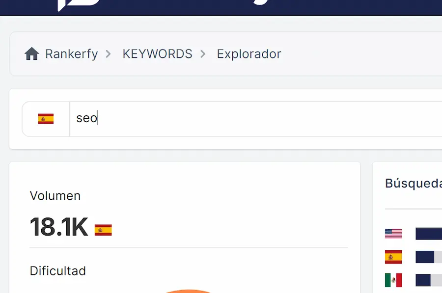 Barra de búsqueda del Keyword Explorer de Rankerfy