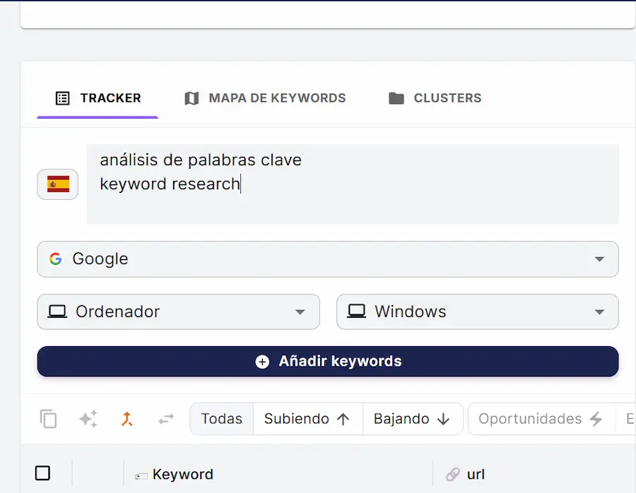 Interfaz para añadir keywords y dominios en el tracker de Rankerfy
