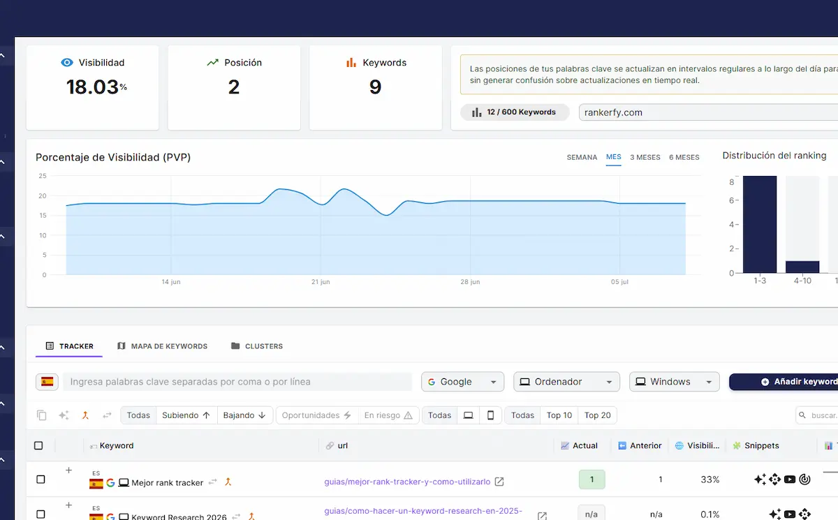 Vista del panel de tracking de posiciones de Rankerfy